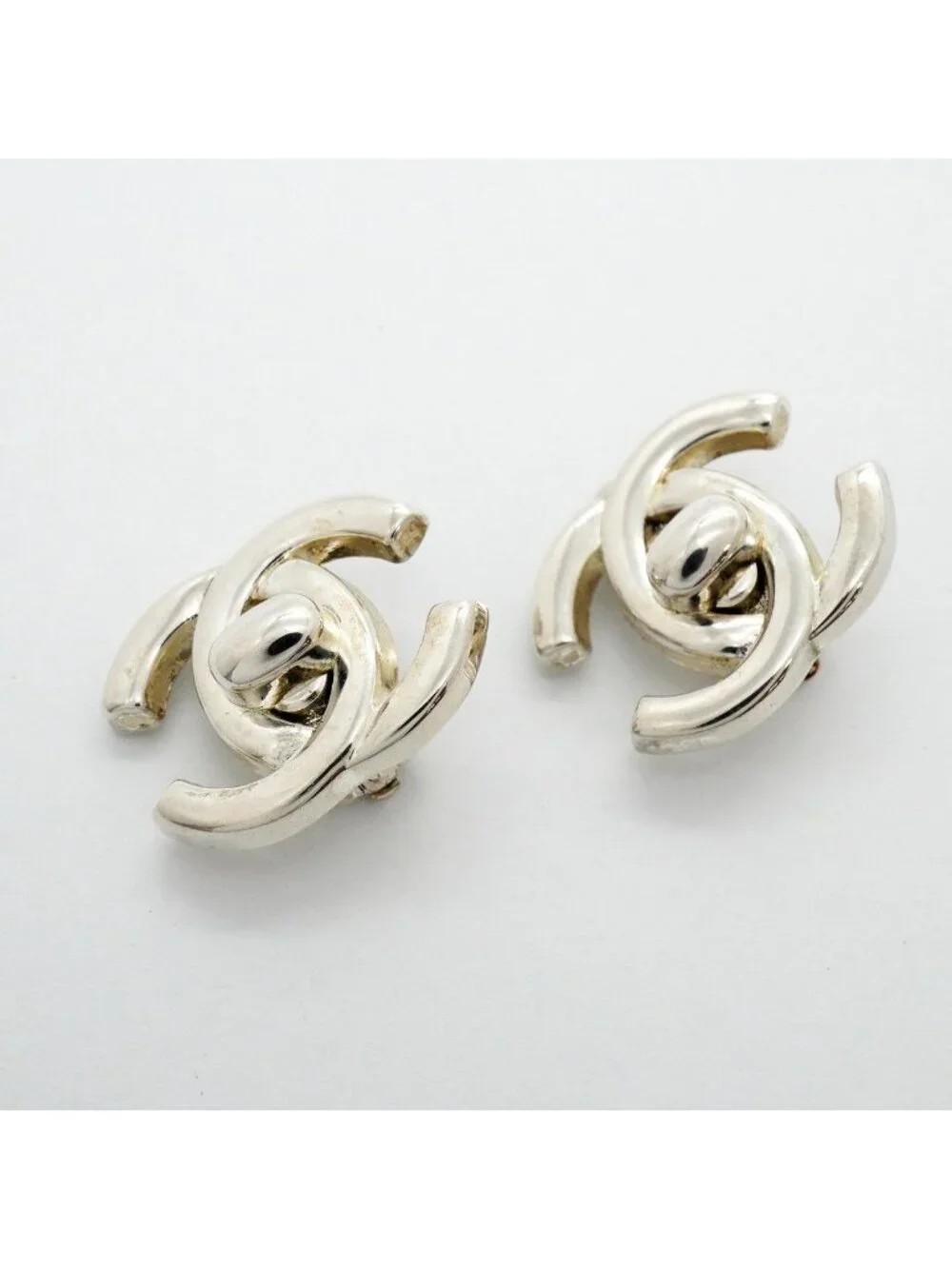Chanel Earrings Vintage CC Logo Turnlock Metal Silver
